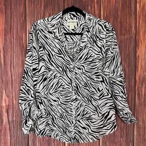 Cynthia Rowley Zebra Print Linen Button Up Shirt Black White Size Small